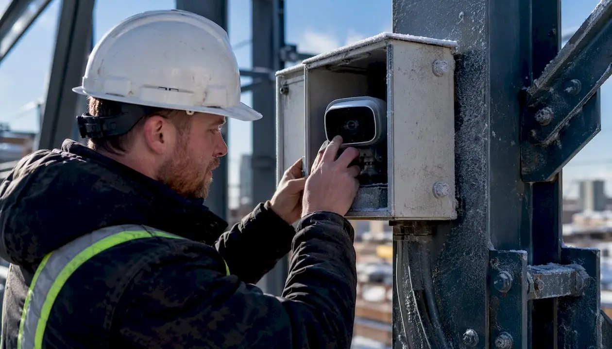 Technician installing AI safety sensor on site