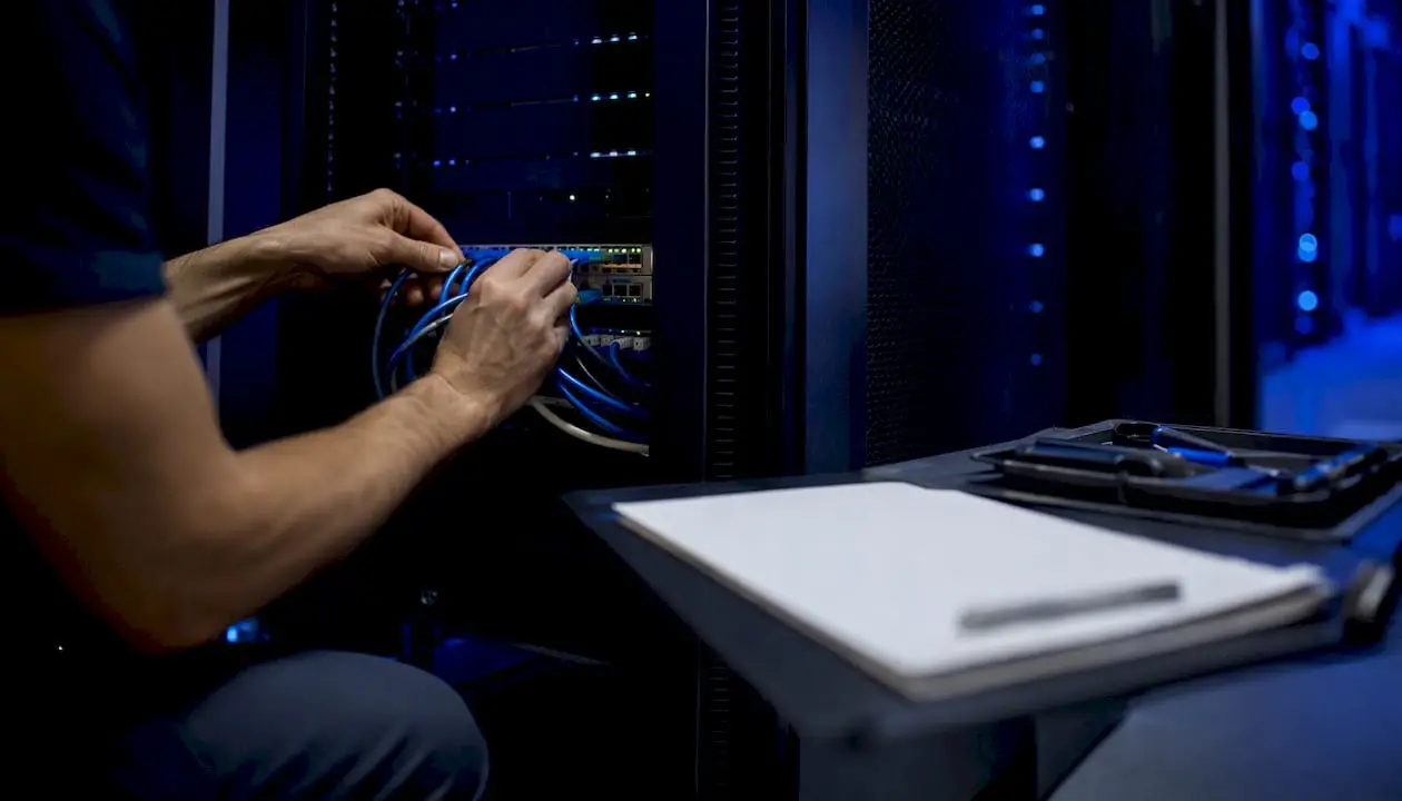 Hands adjusting cables in server room