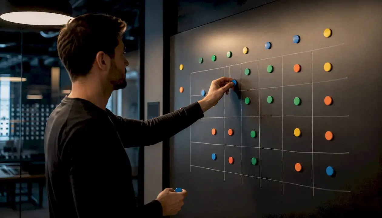 Hands arranging governance matrix markers