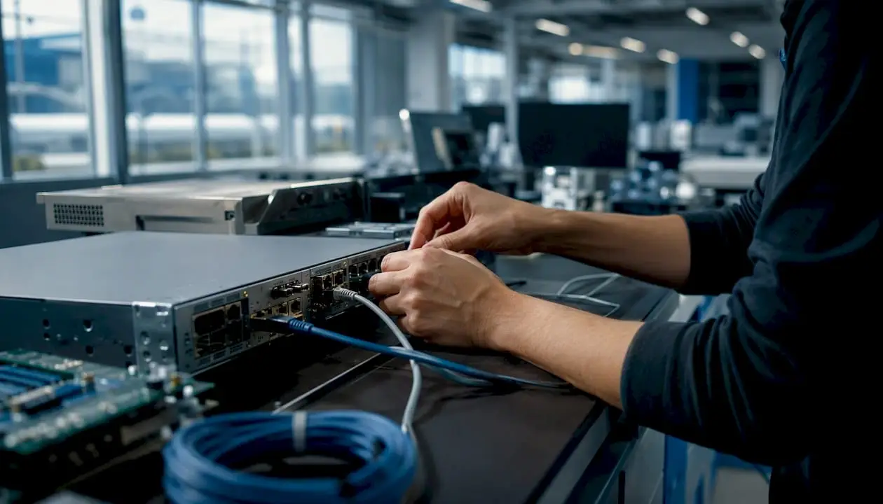 Hands inspecting network device hardware