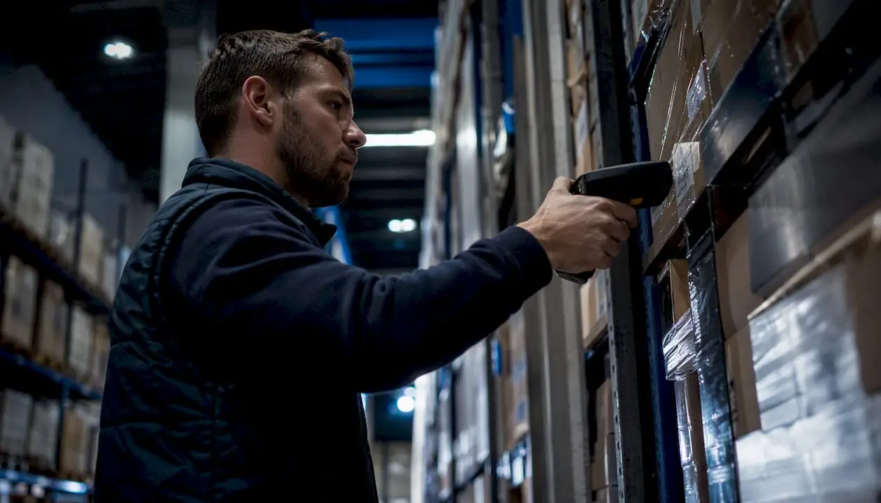Warehouse worker scanning stock items