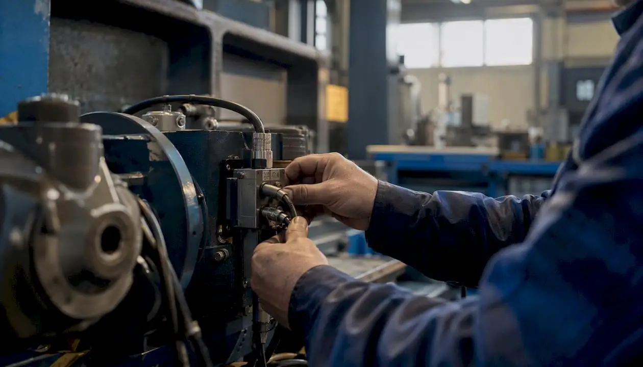 Technician calibrating vibration sensor on machinery