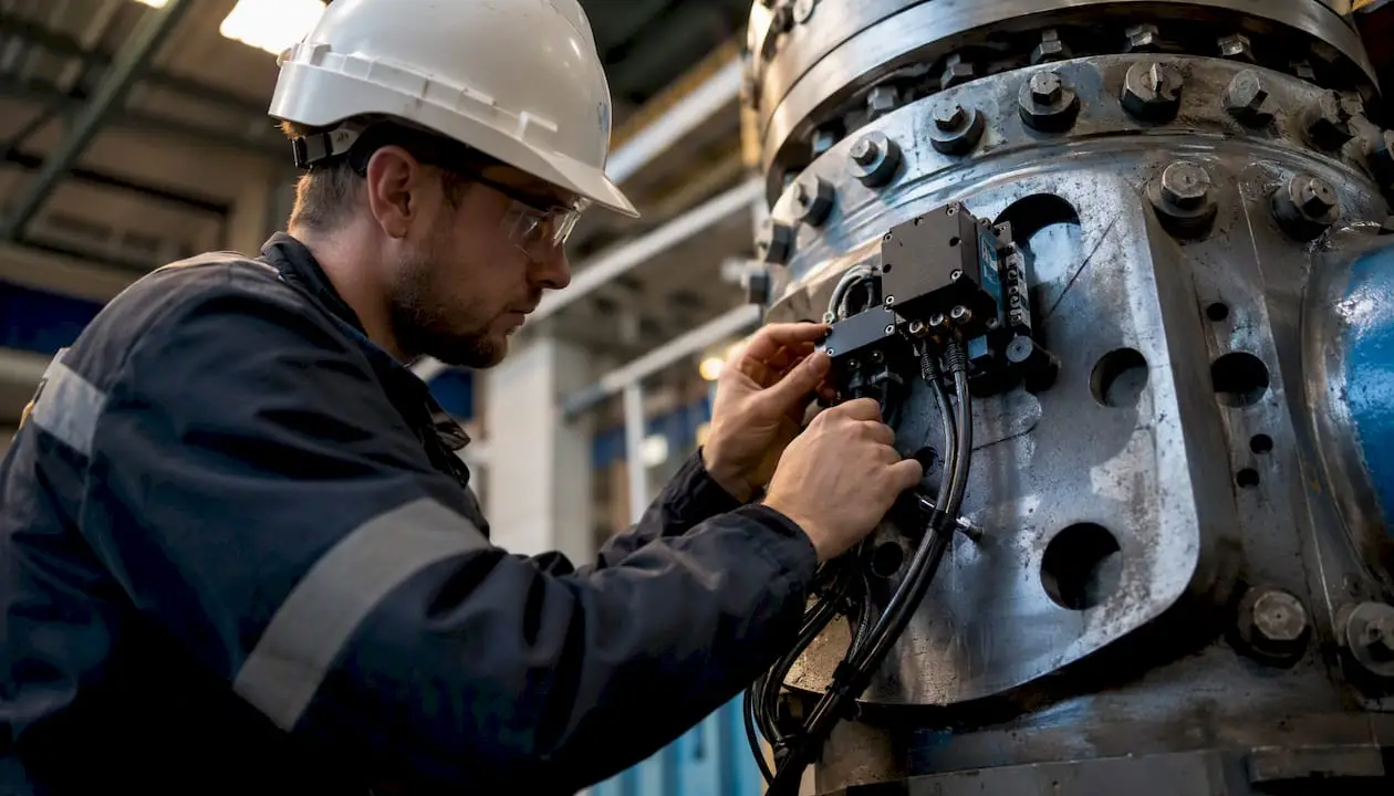 Technician attaching sensor module to industrial equipment