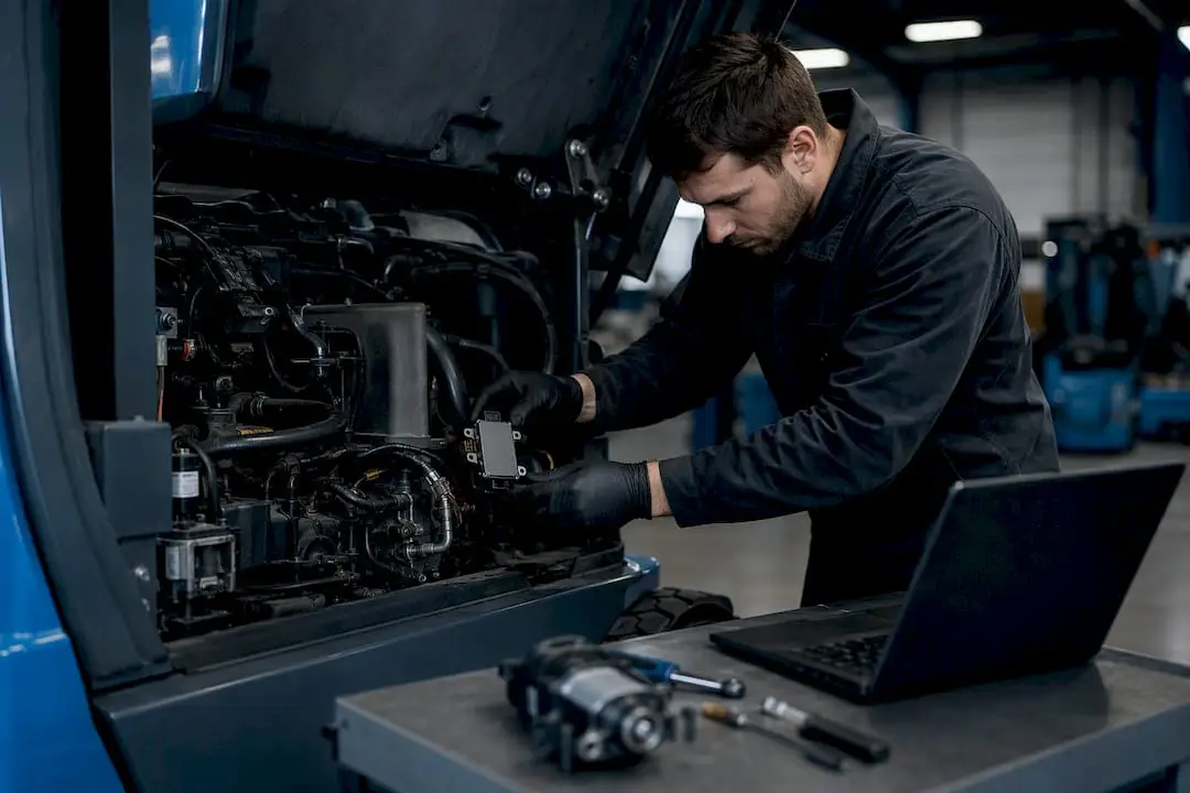 Hands fitting replacement sensor on forklift engine