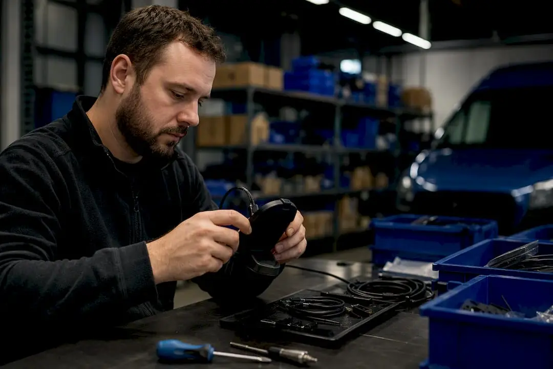 Hands adjusting GPS tracking sensor in dark room