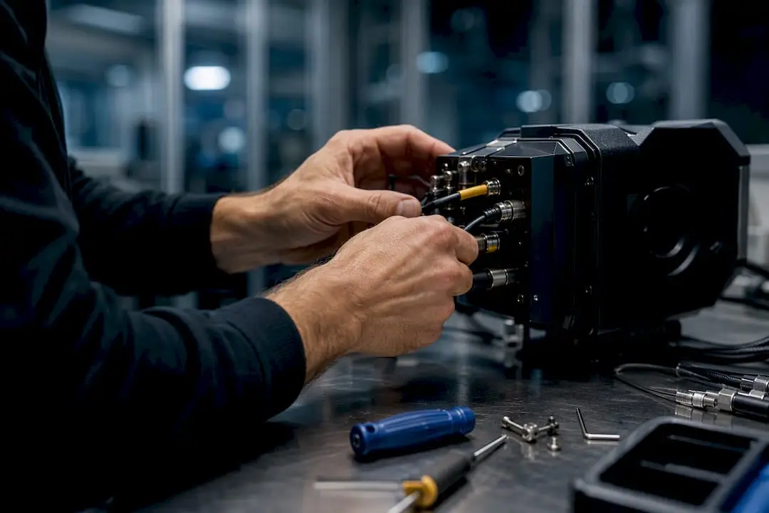 Hands calibrating AI sensor device