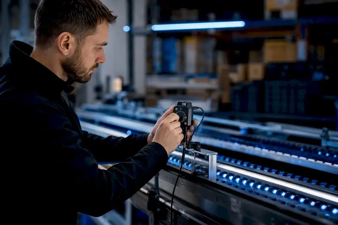 Technician calibrating sensor in logistics warehouse