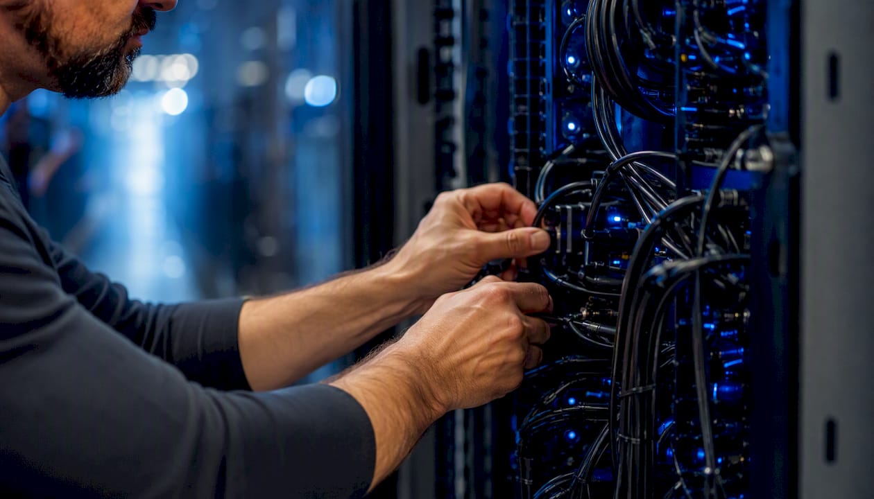 Technician hands connecting AI hardware