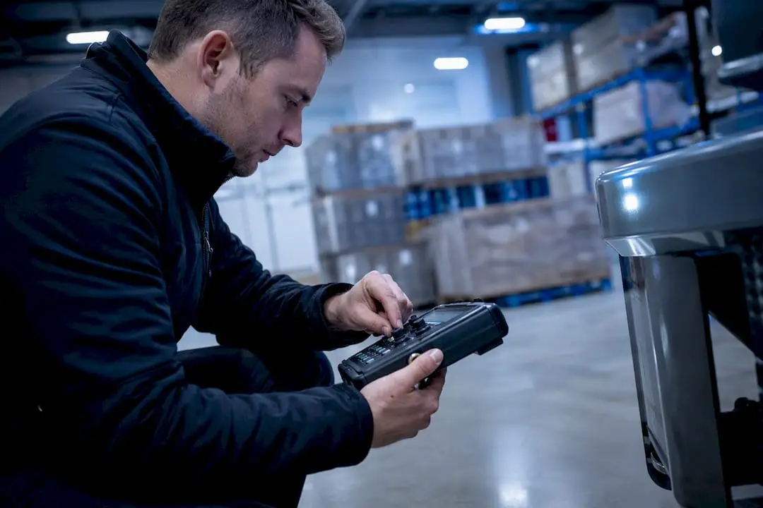 Hands calibrating AI sensor device in warehouse