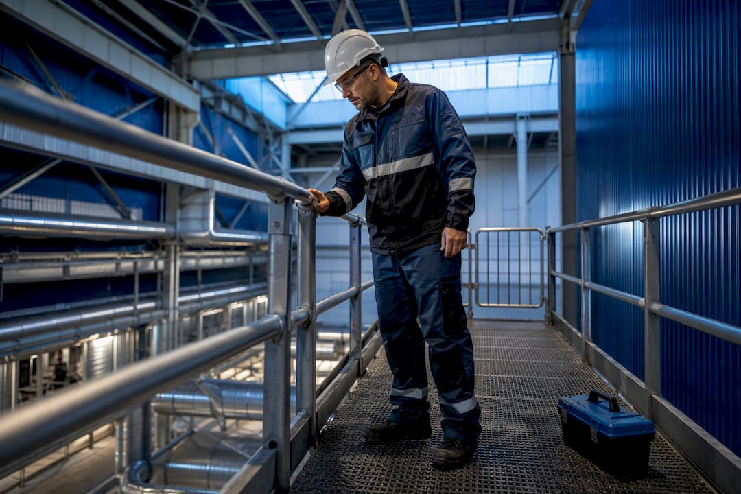 Technician inspecting an industrial guard rail