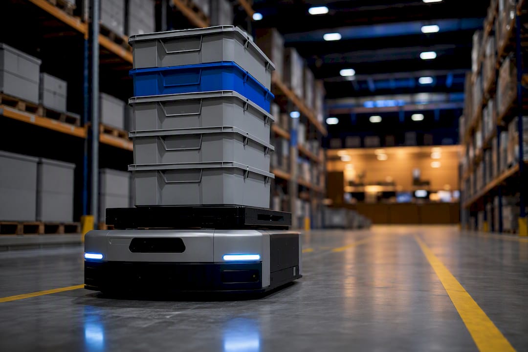 AGV moving totes through warehouse aisles