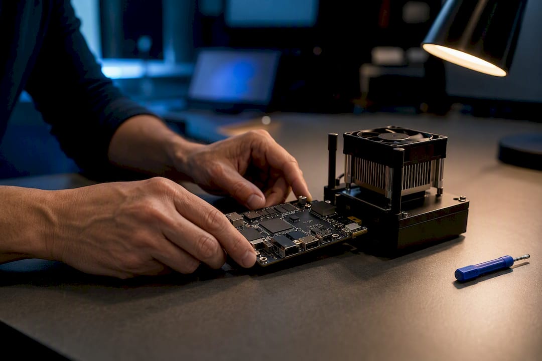 Engineer testing an anonymous edge computing board