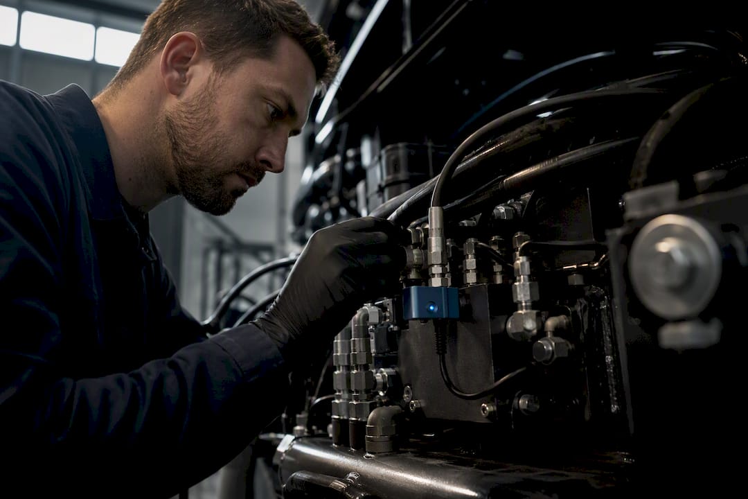 Technician inspecting a hydraulic sensor