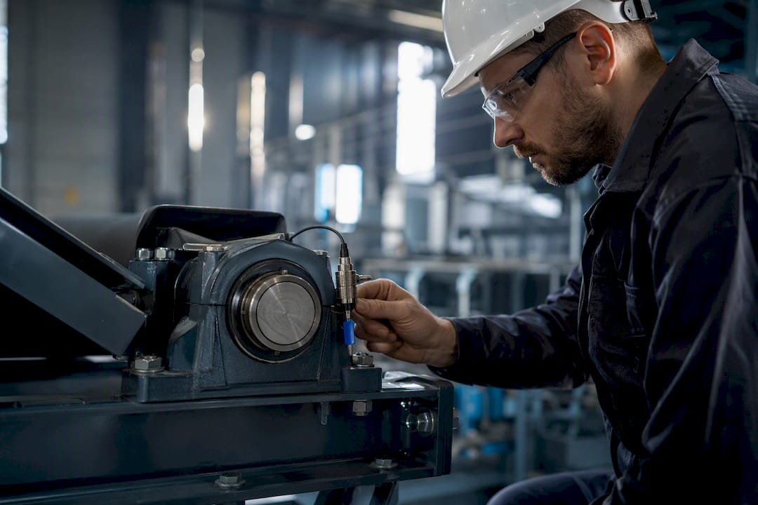 Engineer inspecting an industrial maintenance sensor