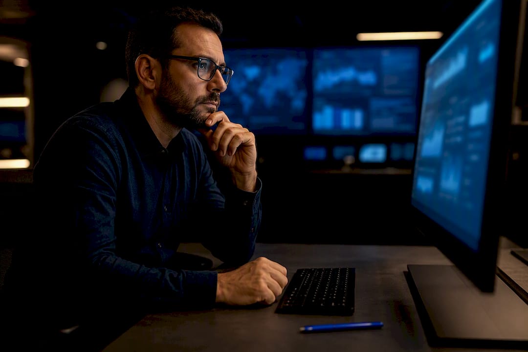Analyst reviewing AI pilot metrics