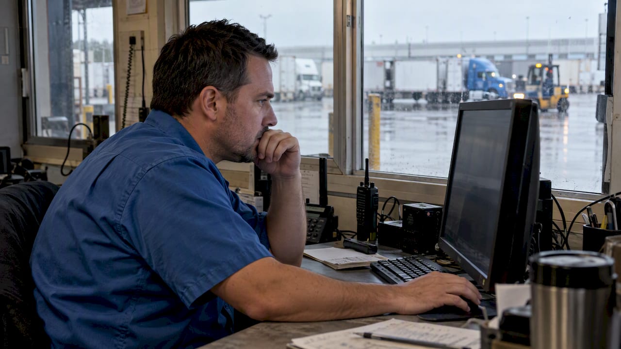 Dispatcher reviewing logistics KPIs at workstation
