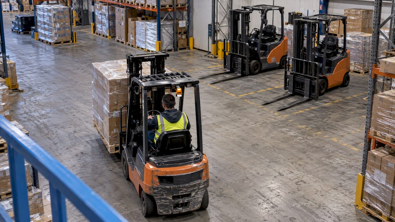 Forklifts operating across a distribution warehouse