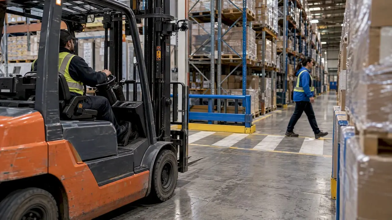 Forklift camera monitoring a warehouse crossing