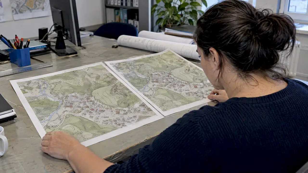 GIS analyst compares two project map layouts