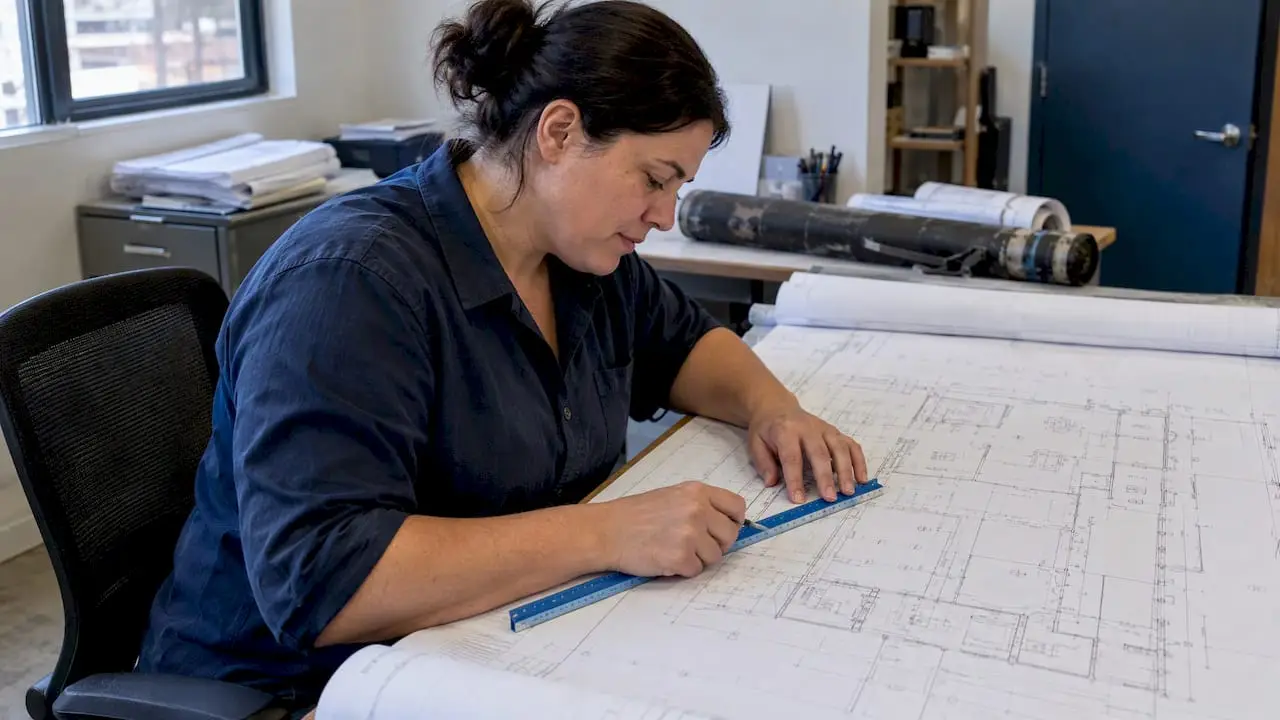 Estimator measuring construction plans with a scale ruler