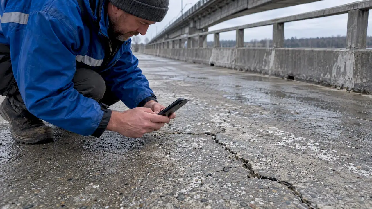 Inspector photographing a crack in concrete
