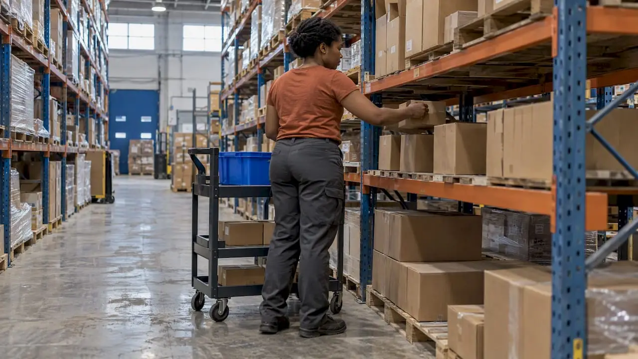 Picker placing a carton into a blue tote